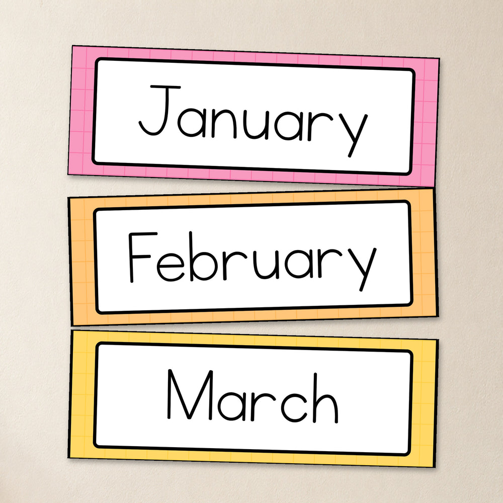 Three large Months of the Year cards, Bright colours