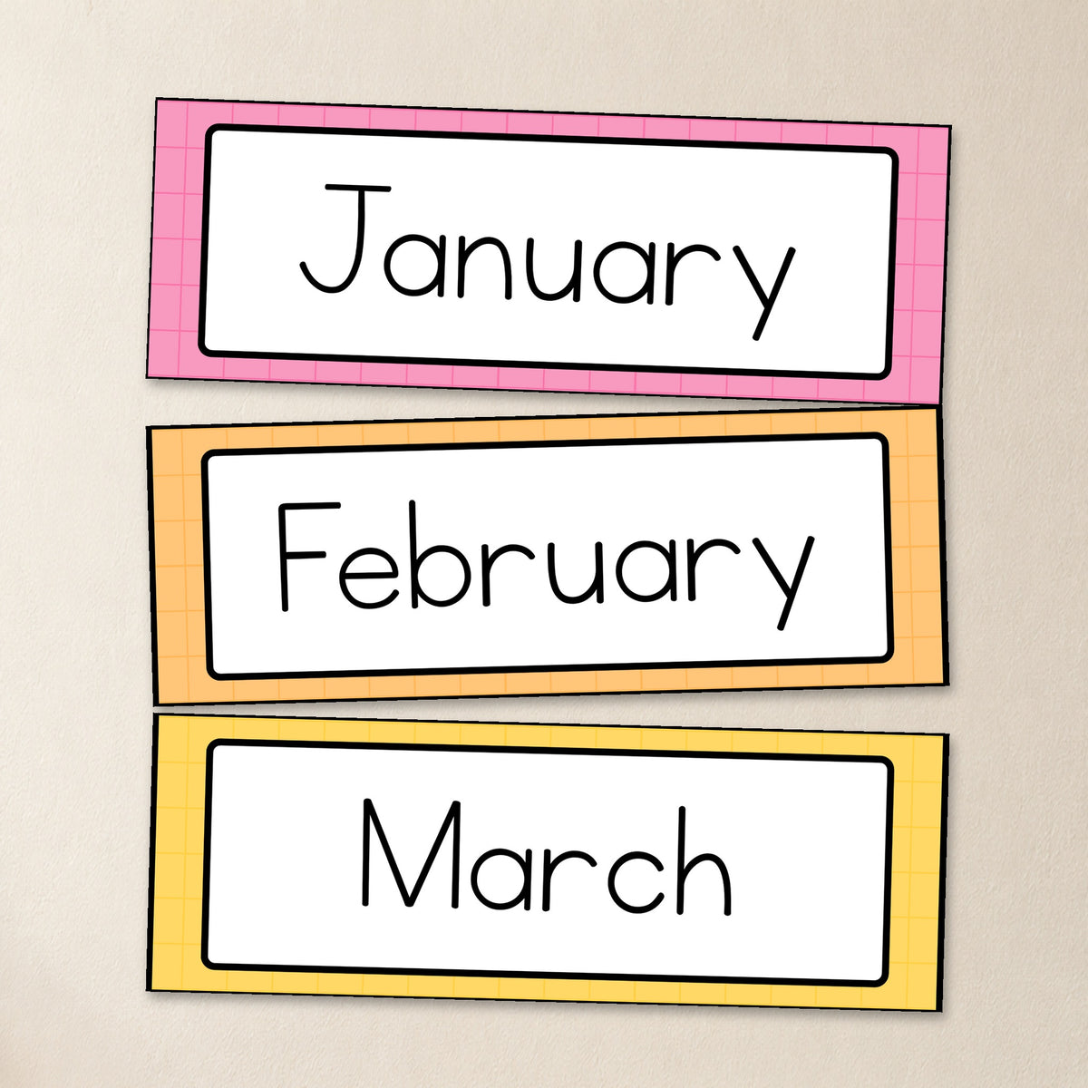 Three large Months of the Year cards, Bright colours