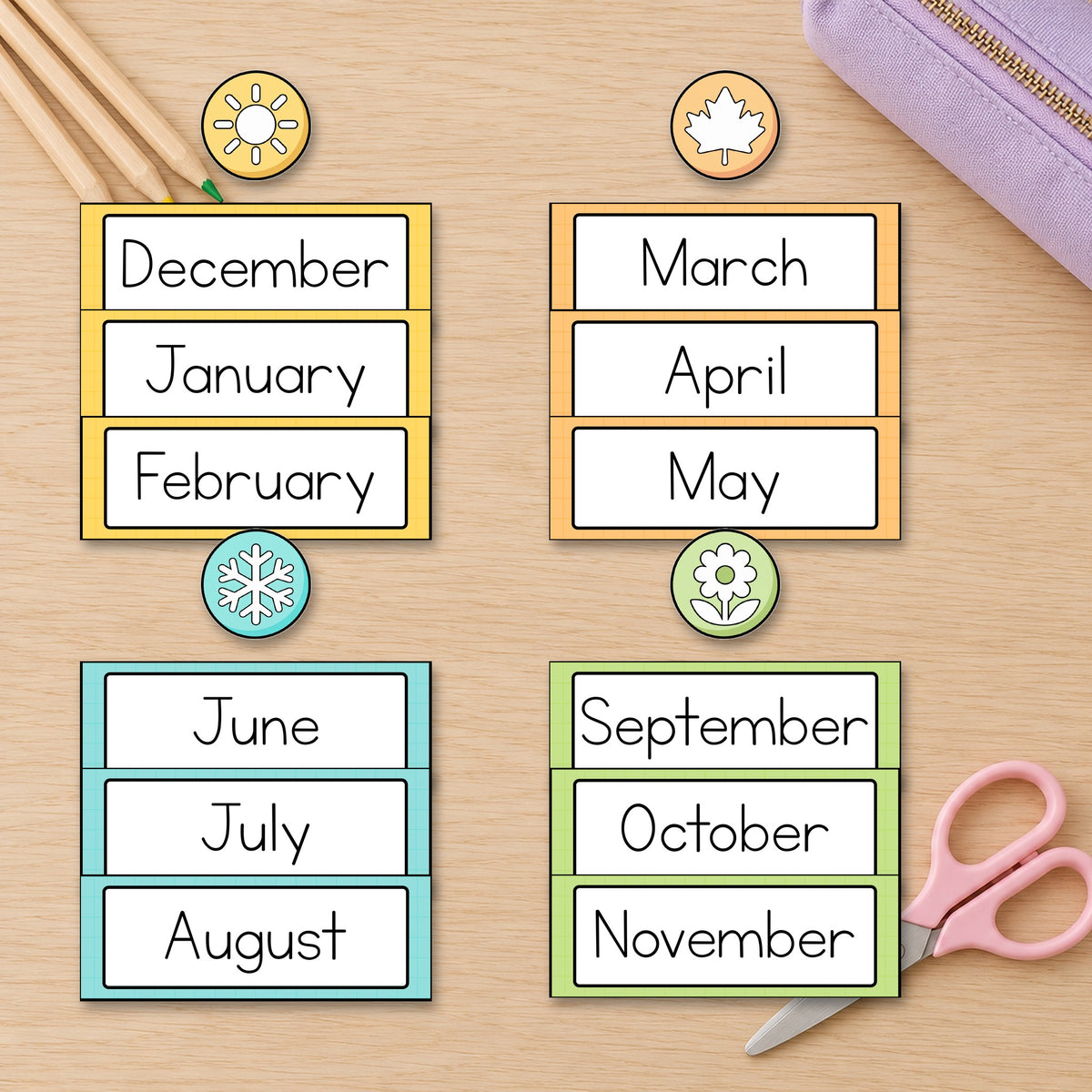 Month cards grouped by season on a desk, Bright colours
