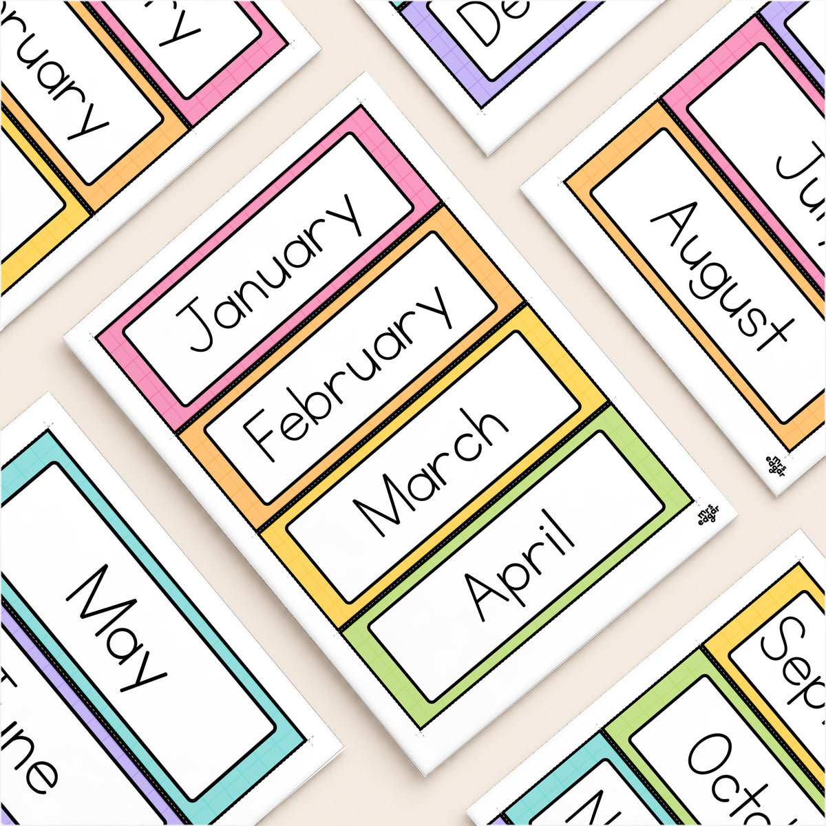 Flat lay of Months of the Year cards, Bright colours