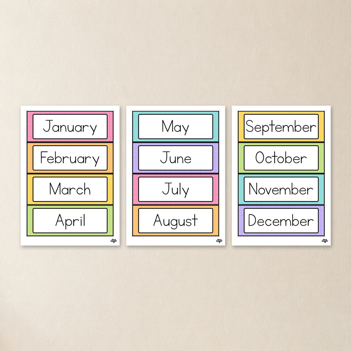 Printable pages of the Months of the Year cards, Bright colours