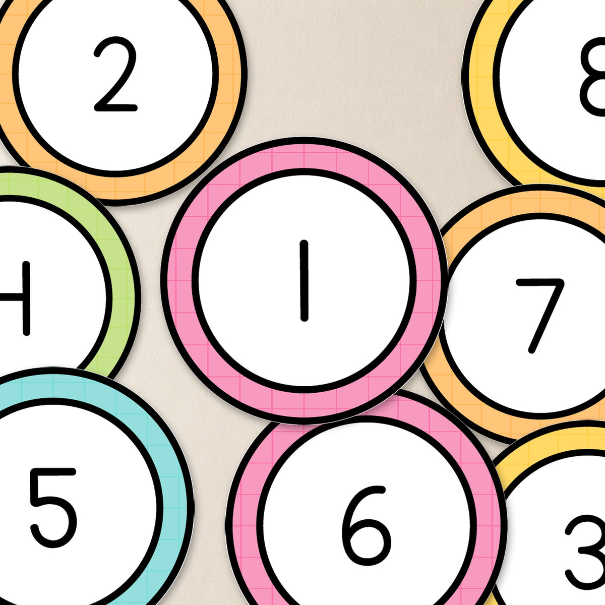 Cut-out number circle labels with a black outline ring, Bright colours