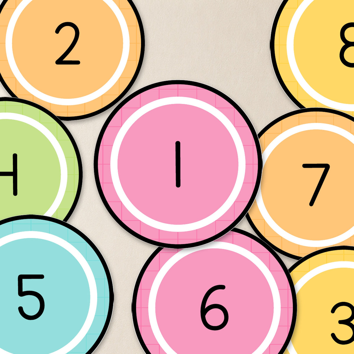 Cut-out solid-centre number circle labels, Bright colours
