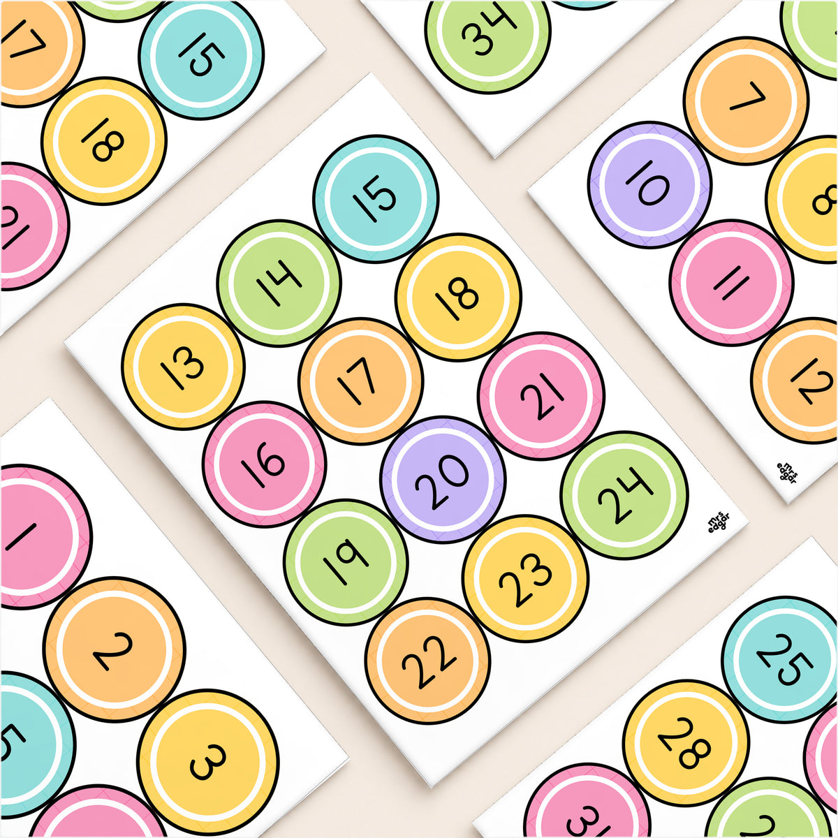 Flat lay of solid-centre number circle labels, Bright colours