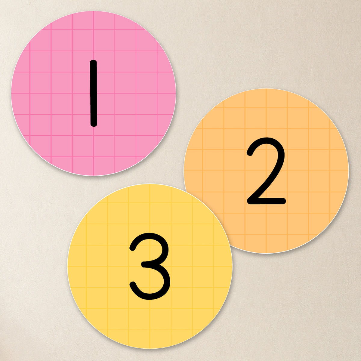 Three large number circle labels, Bright colours