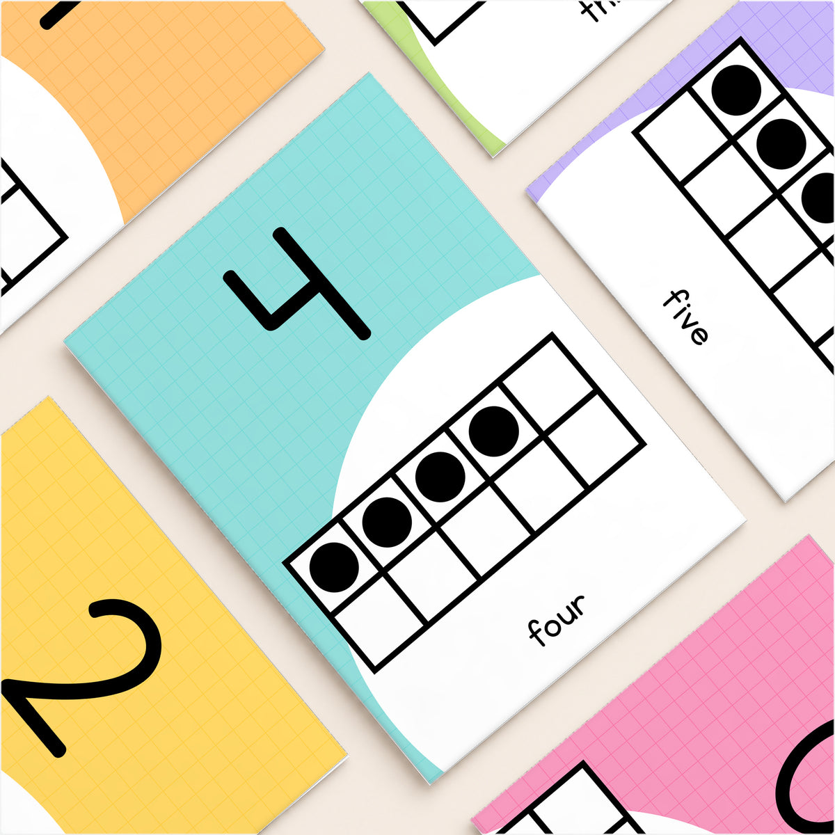 Number poster pages 0 to 5 with ten frames and number words, Bright colours