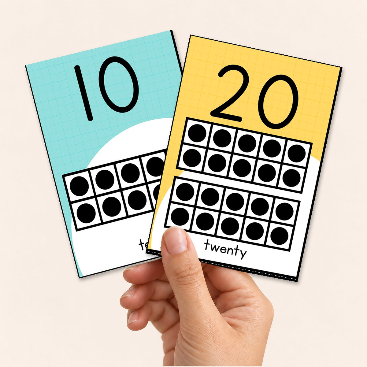 Number flashcards for 10 and 20, Bright colours