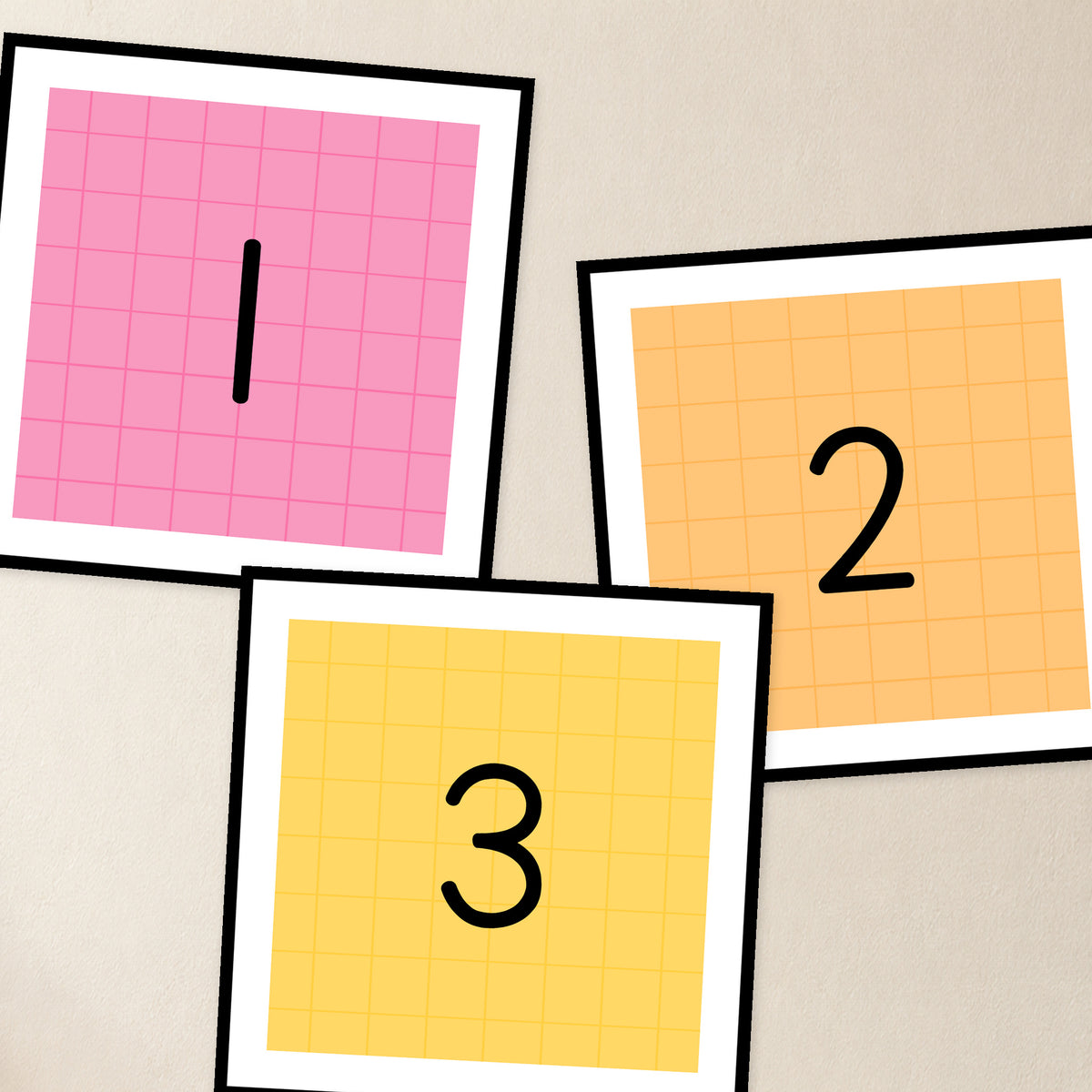 Three large number square labels, Bright colours