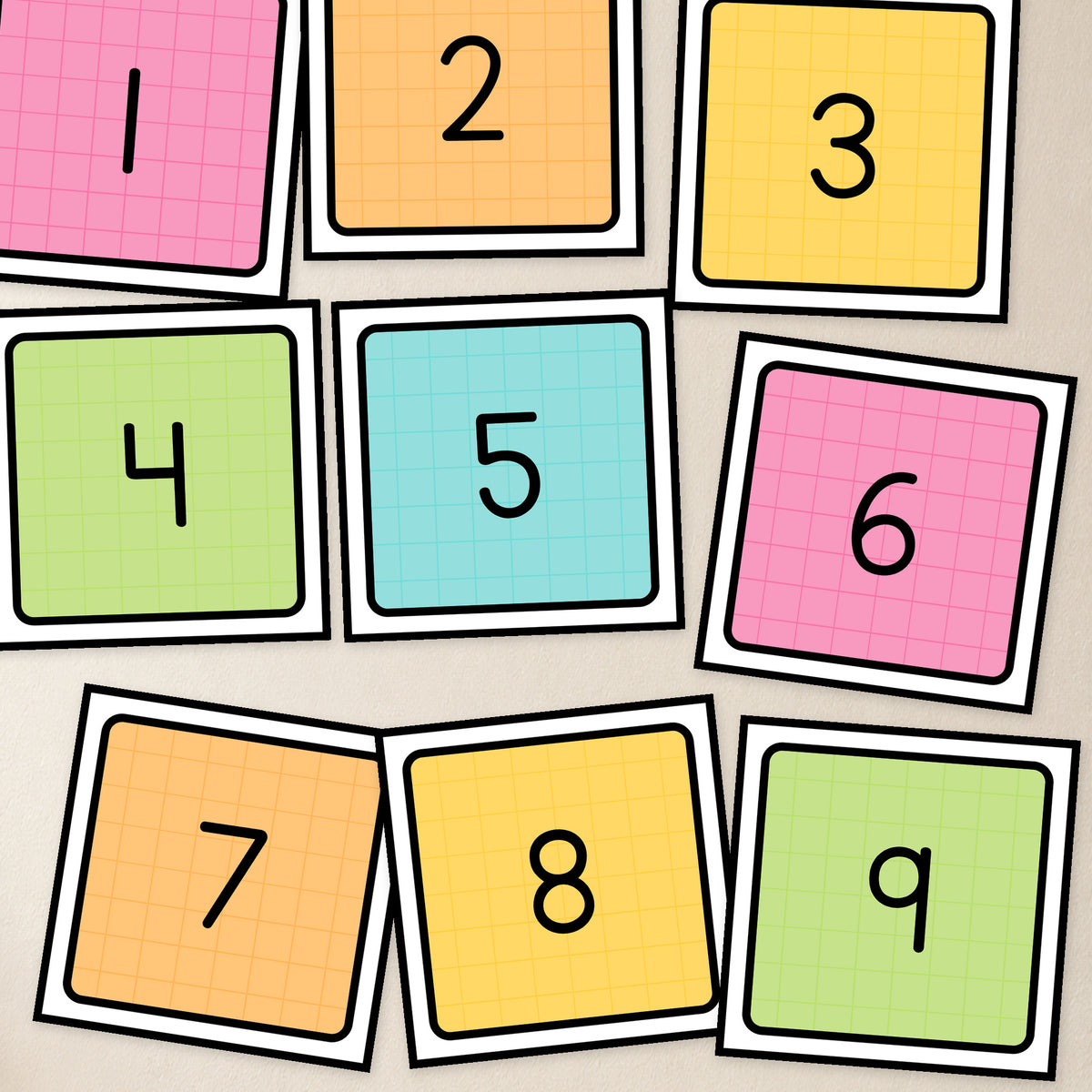 Cut-out number square labels with a black line, Bright colours