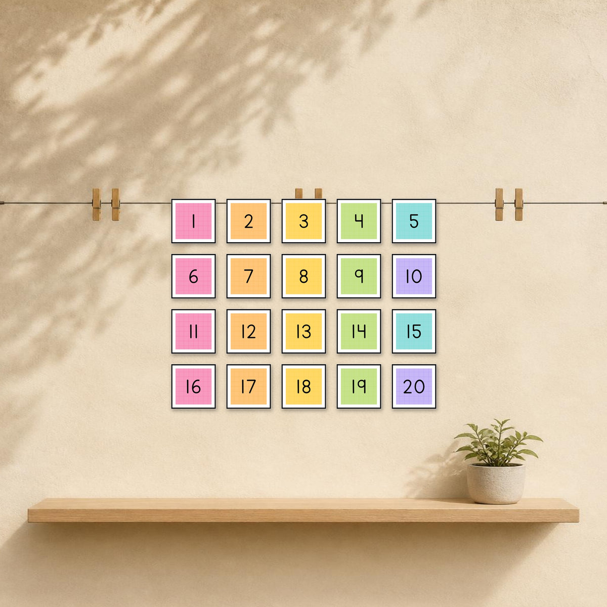 Number square labels displayed on a classroom wall, Bright colours