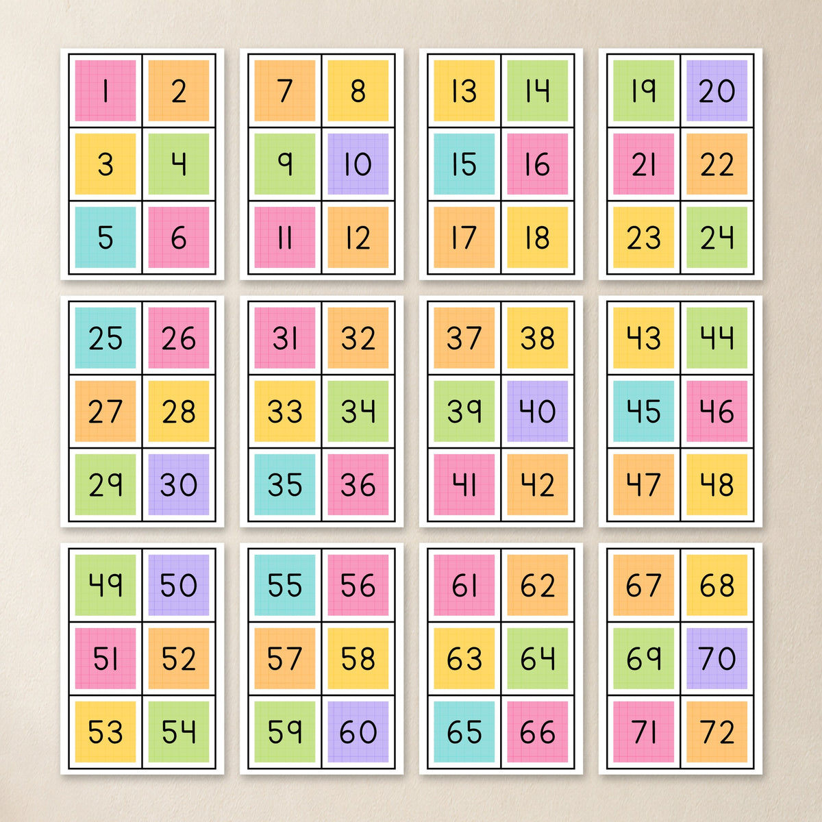 Printable page of number square labels 1 to 12, Bright colours