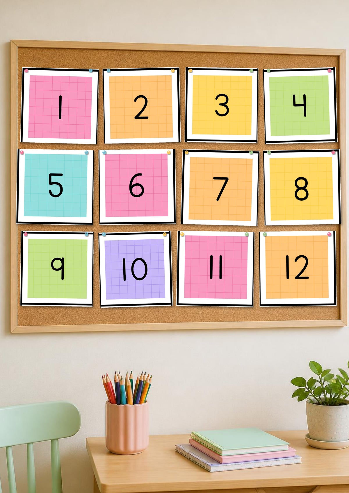 Number square labels pinned on a pinboard, Bright colours