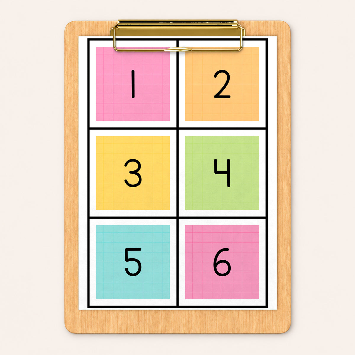 Number square labels on a clipboard, Bright colours