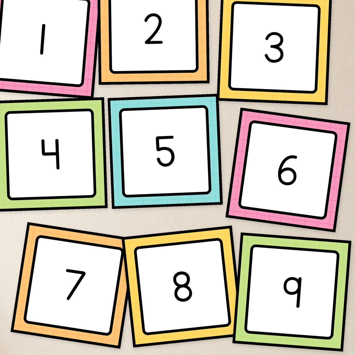 Cut-out white-centre number square labels, Bright colours