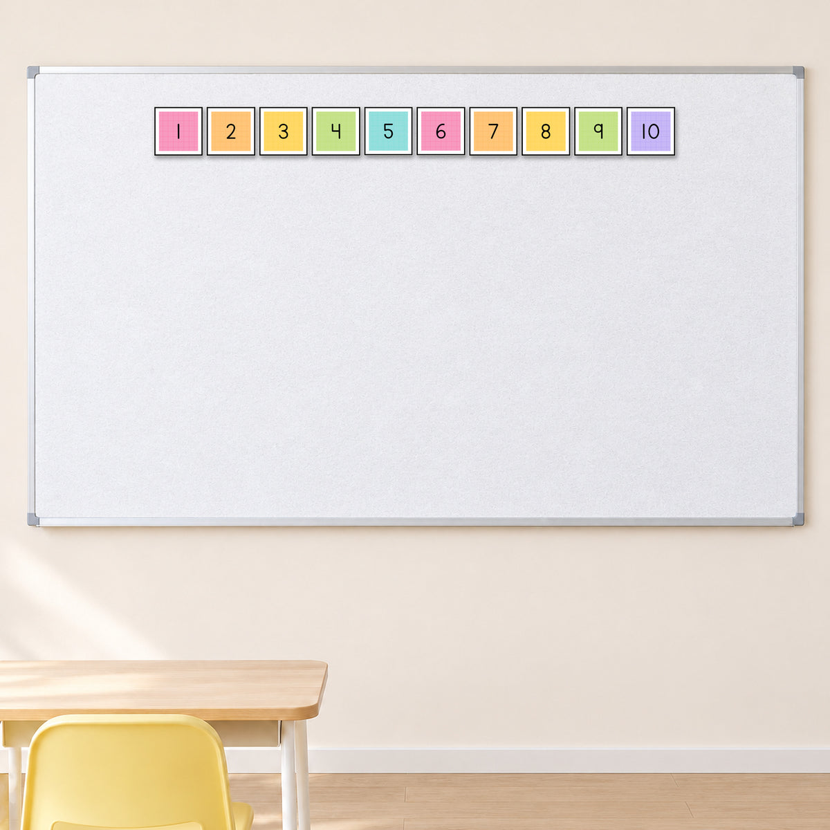 Row of number square labels along a whiteboard, Bright colours