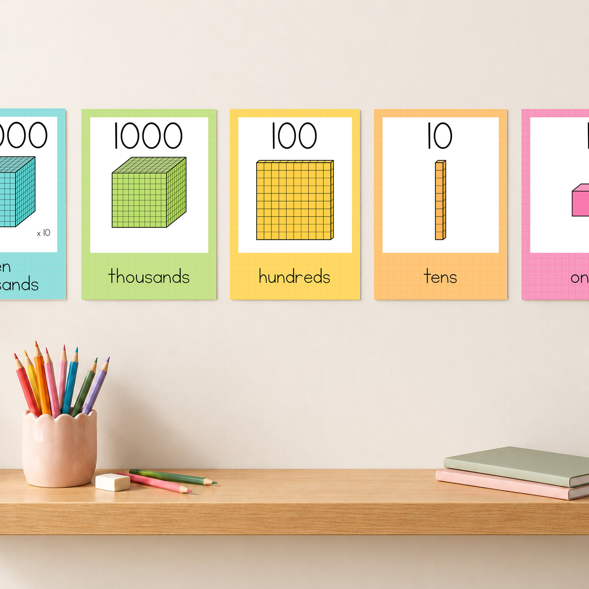 Place value MAB charts displayed on a classroom wall, Bright colours