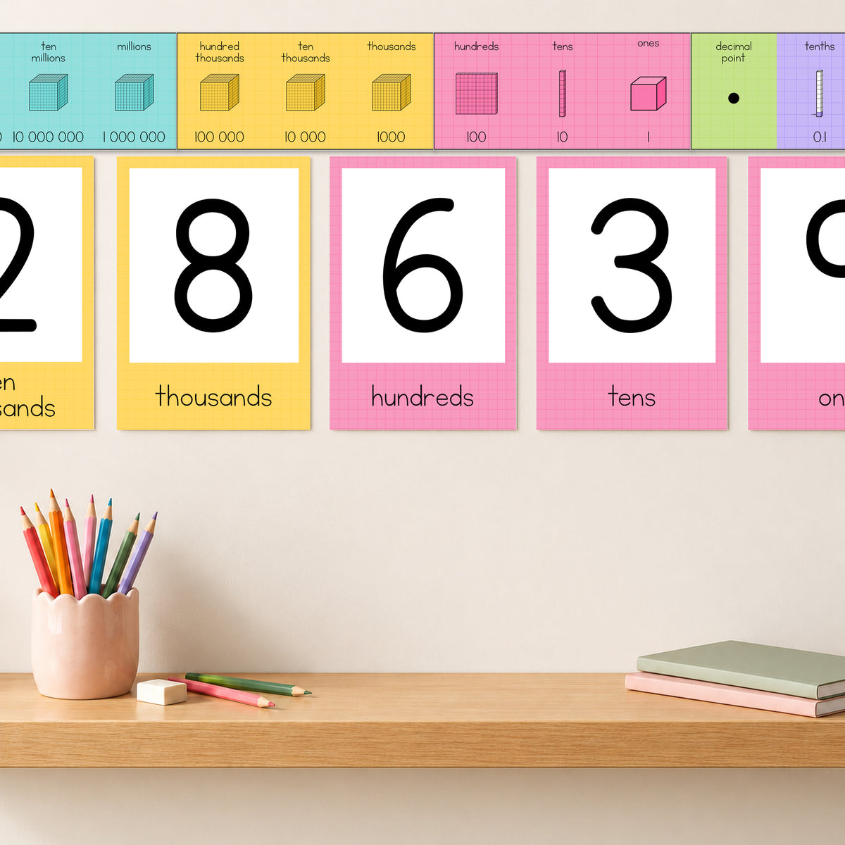 Large place value header line above the posters, Bright colours