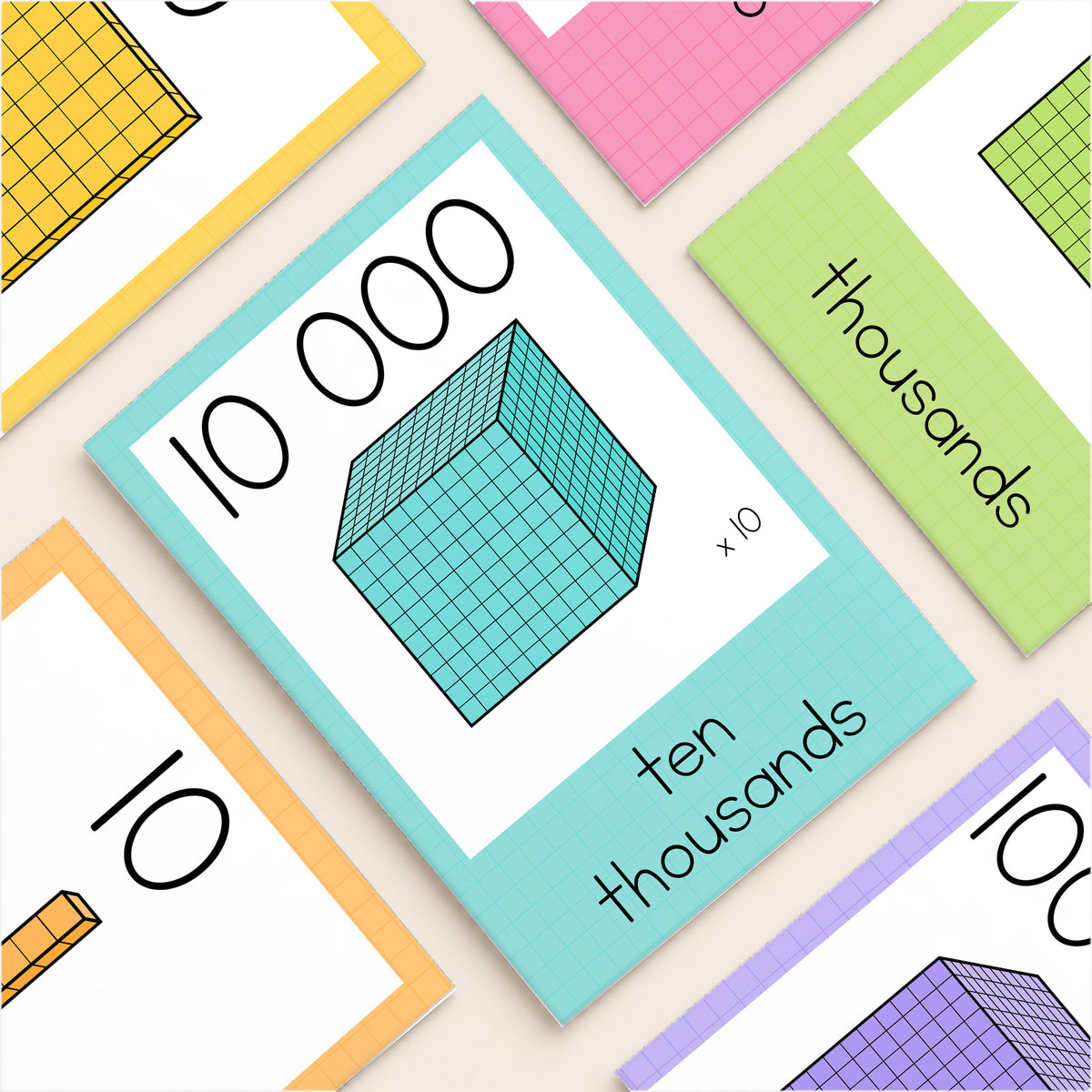 Flat lay of place value MAB charts, Bright colours