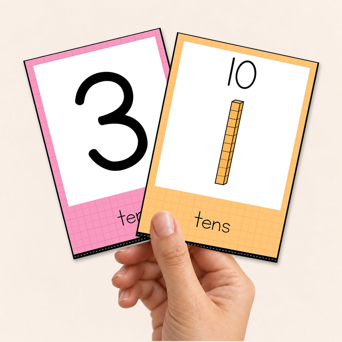 Both sets of tens place value cards, Bright colours