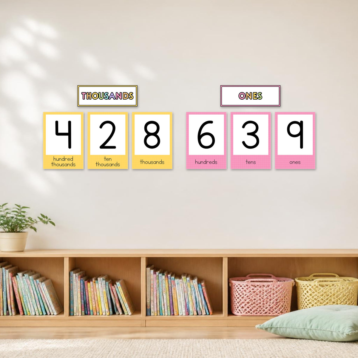 Place value wall display with titles, Bright colours