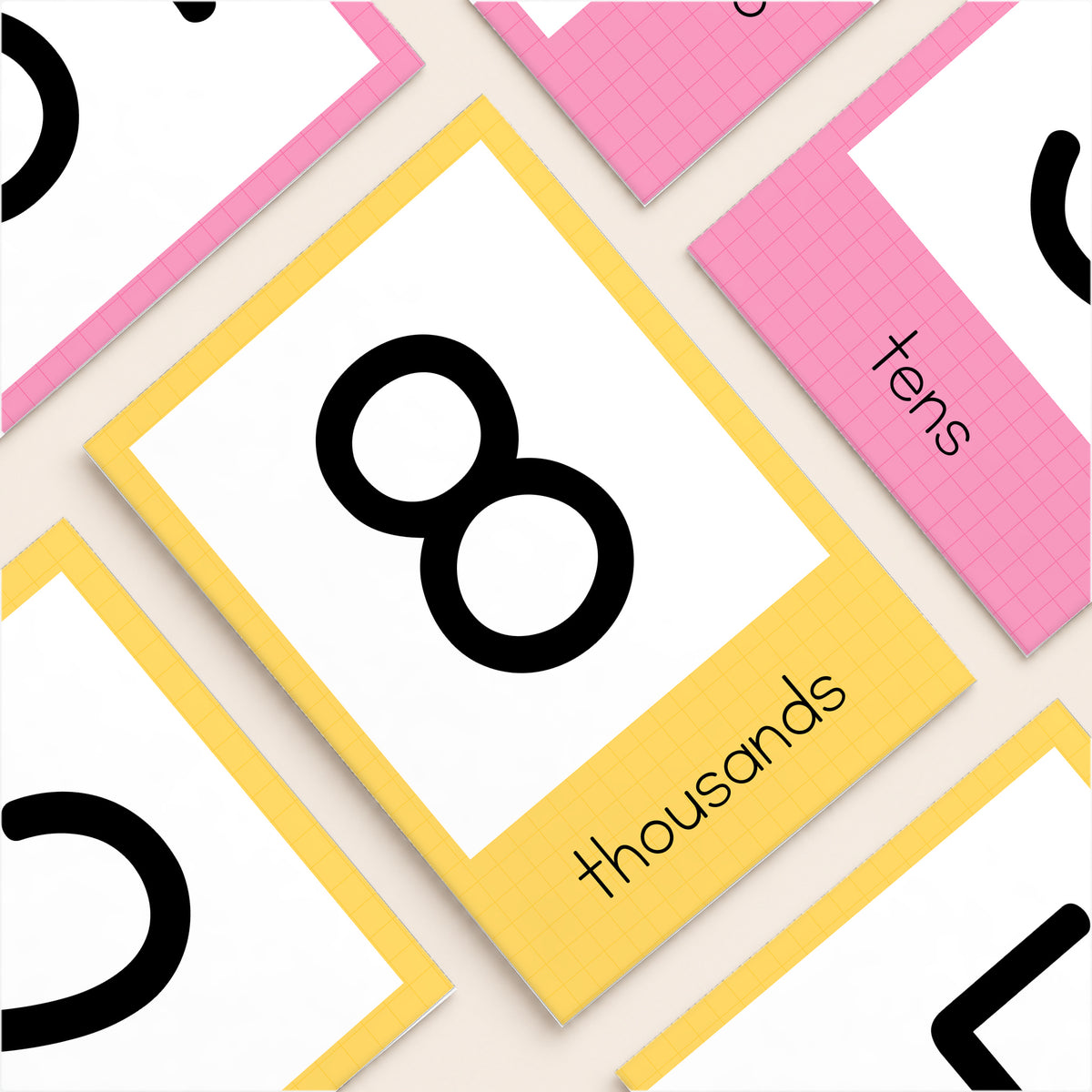 Flat lay of the place value display pieces, Bright colours