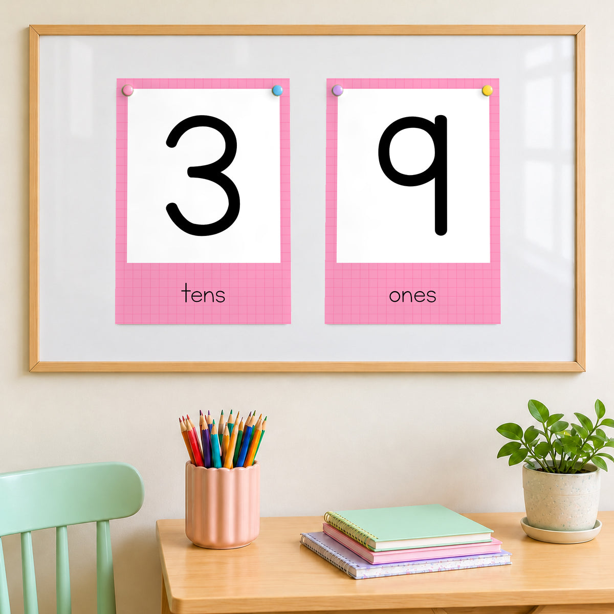 Place value cards on a magnetic board, Bright colours