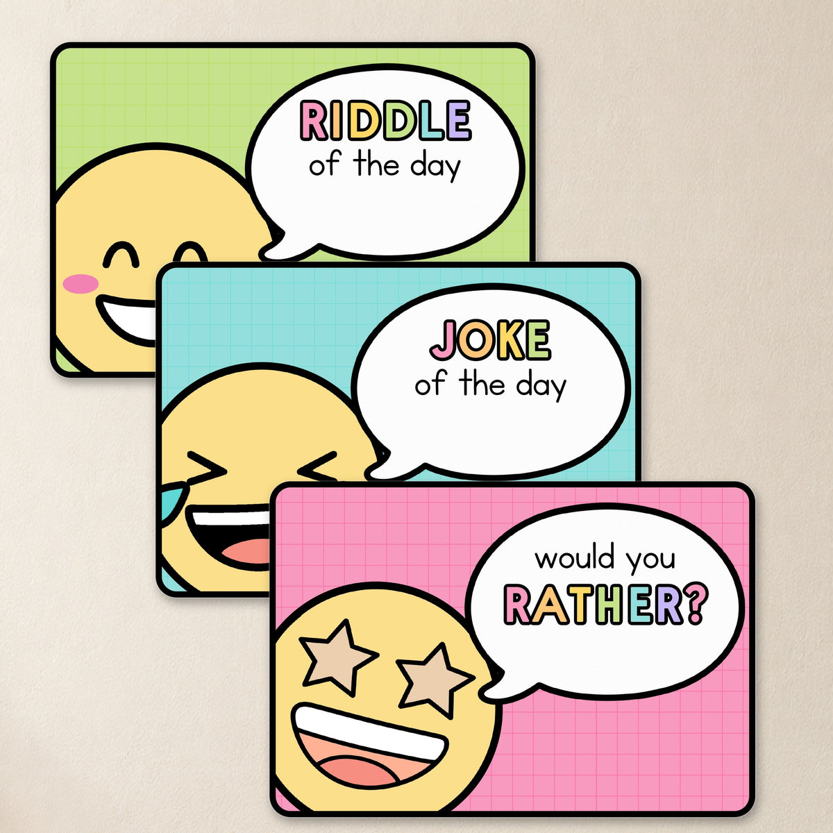 Riddle of the Day, Joke of the Day and Would You Rather header signs, Bright colours