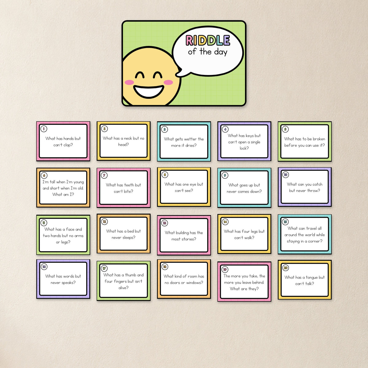 Overview of the Riddle of the Day cards, Bright colours