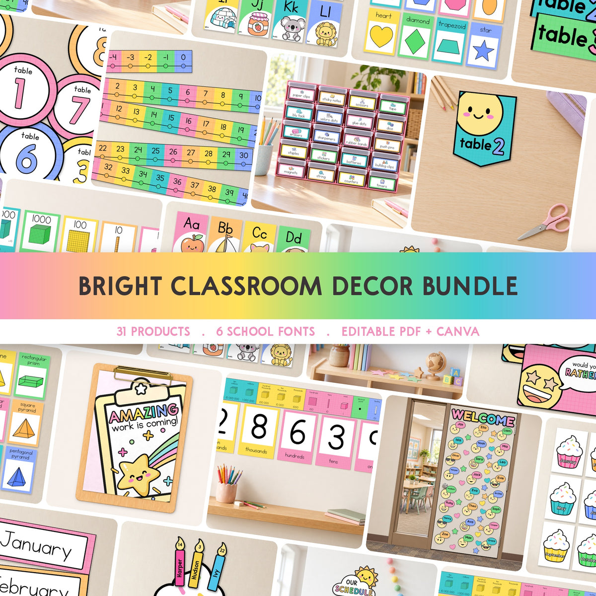 Bright Classroom Decor Set cover: collage of printable classroom displays in Bright colours