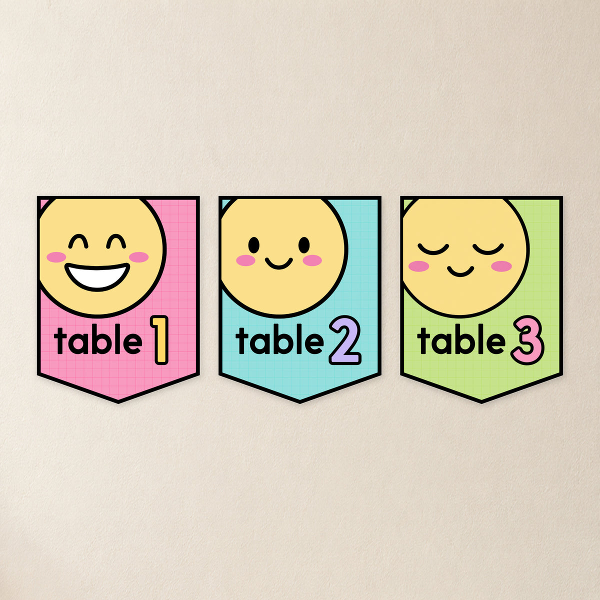 Three table number pennants, Bright colours