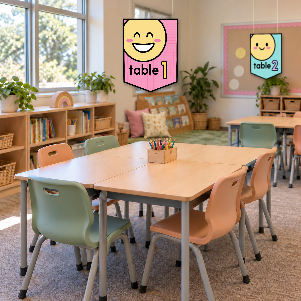 Table number signs hanging in a classroom, Bright colours