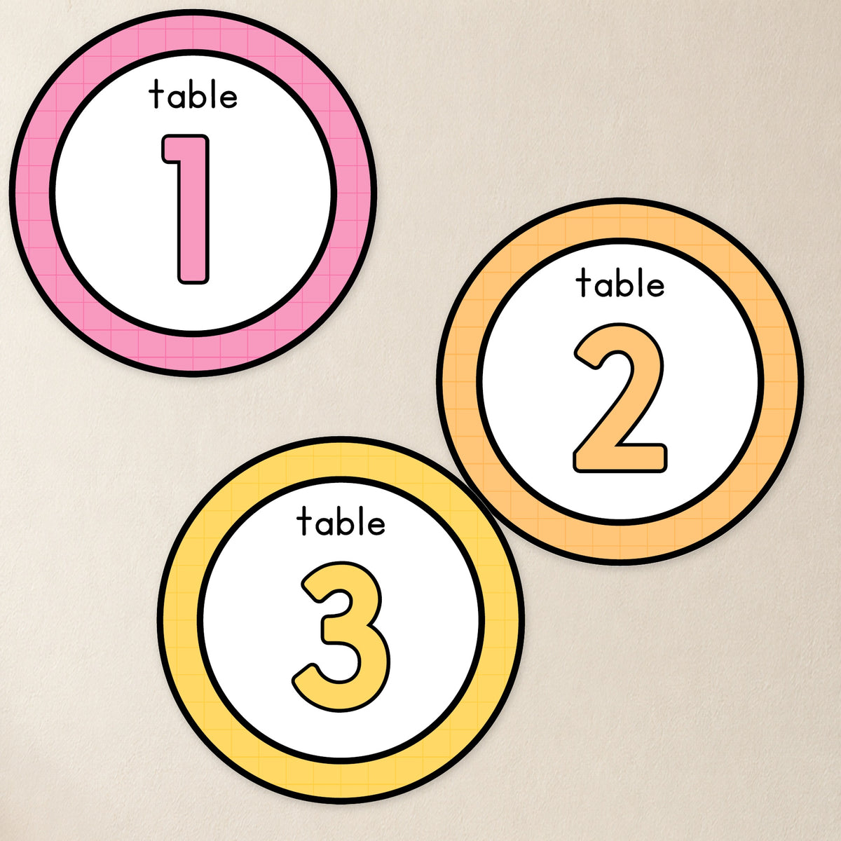Three ring-style table circles, Bright colours