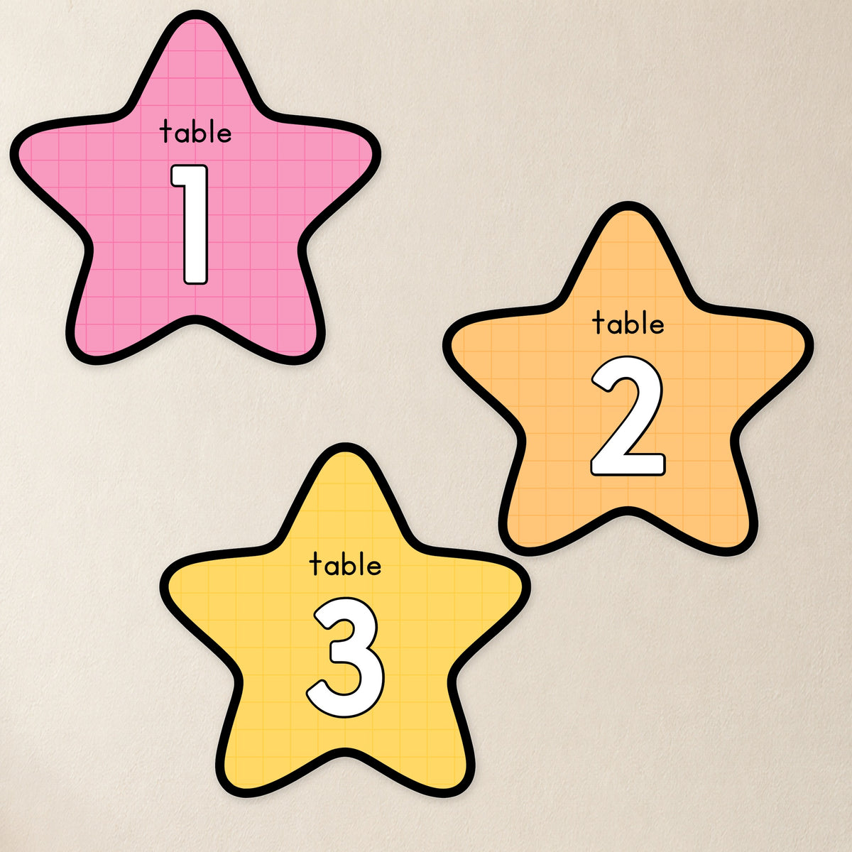 Three table group stars, Bright colours