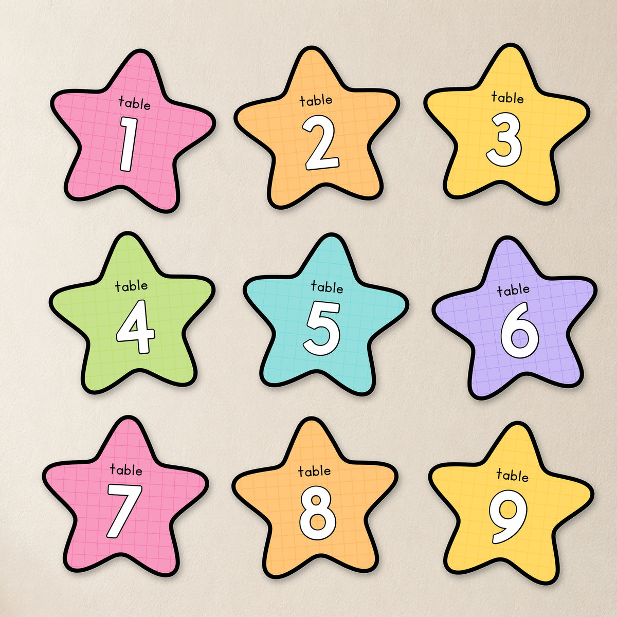Table group stars cut out, Bright colours