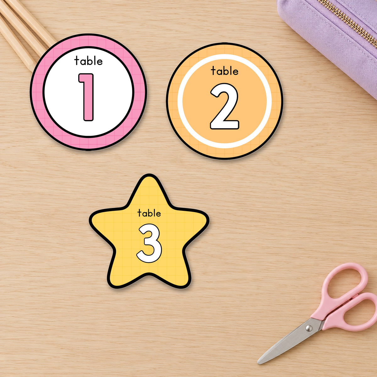 Table circles, stars and numbers together on a desk, Bright colours