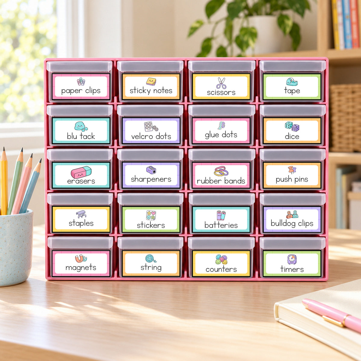Labelled teacher toolbox on a desk, Bright colours