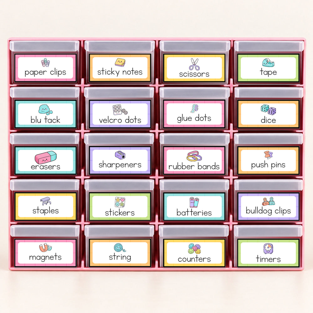 Front view of a teacher toolbox with drawer labels, Bright colours