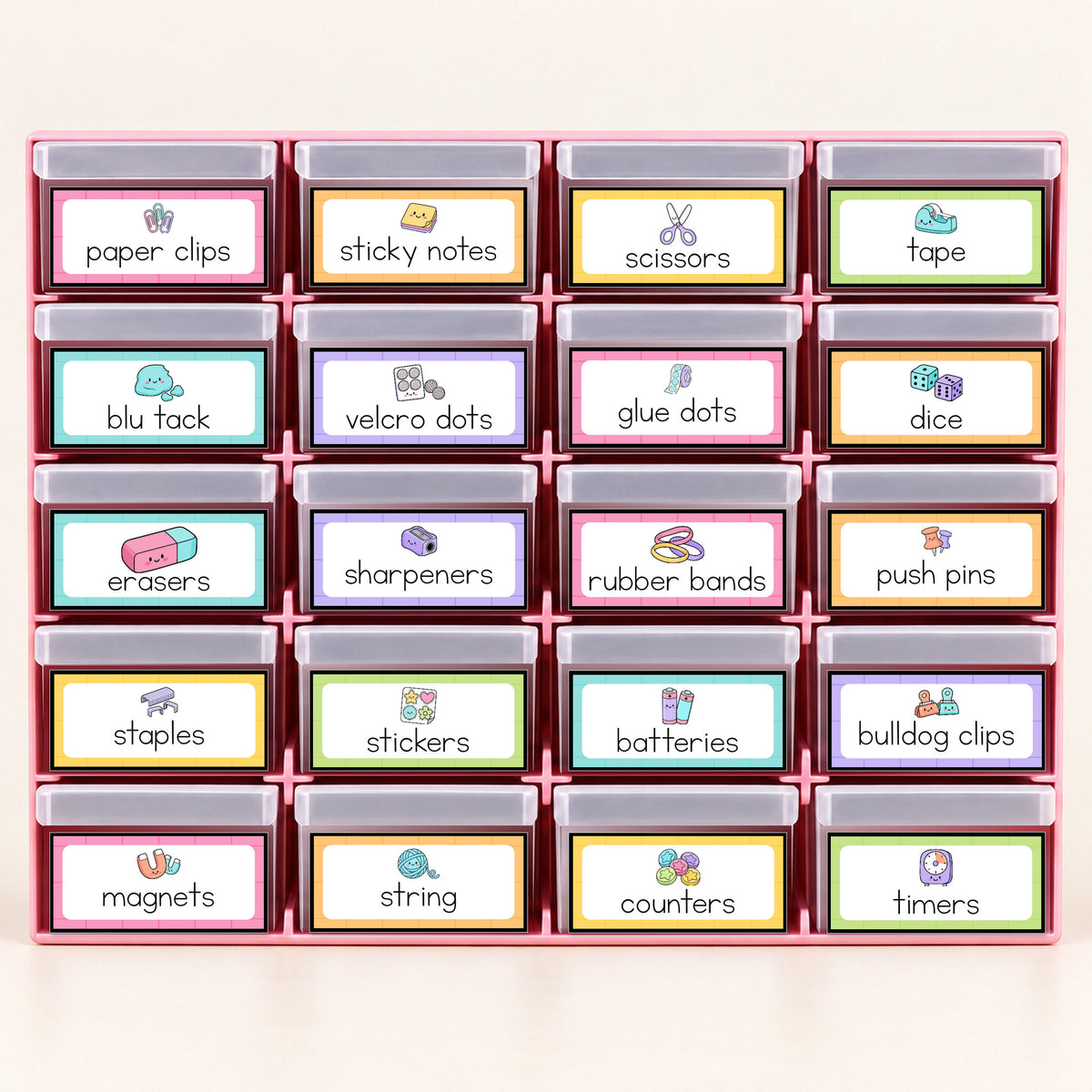 Front view of a teacher toolbox with drawer labels, Bright colours