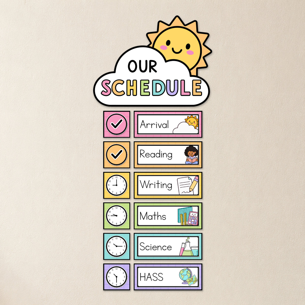 Visual schedule display with Our Class Schedule header, Bright colours