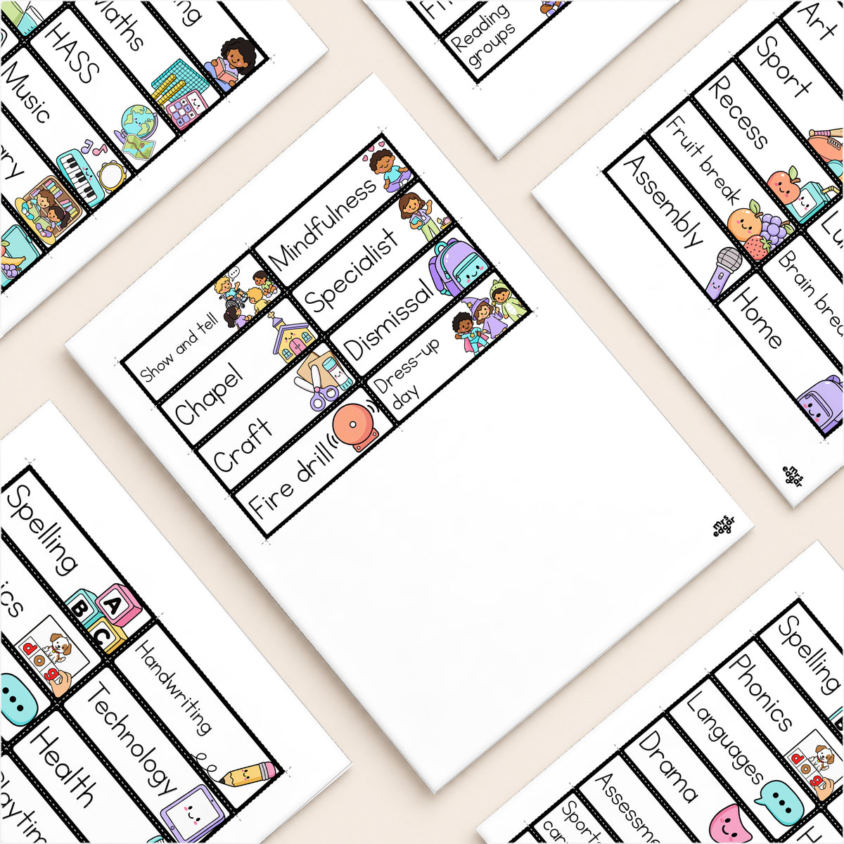 Flat lay of visual schedule subject cards, Bright colours