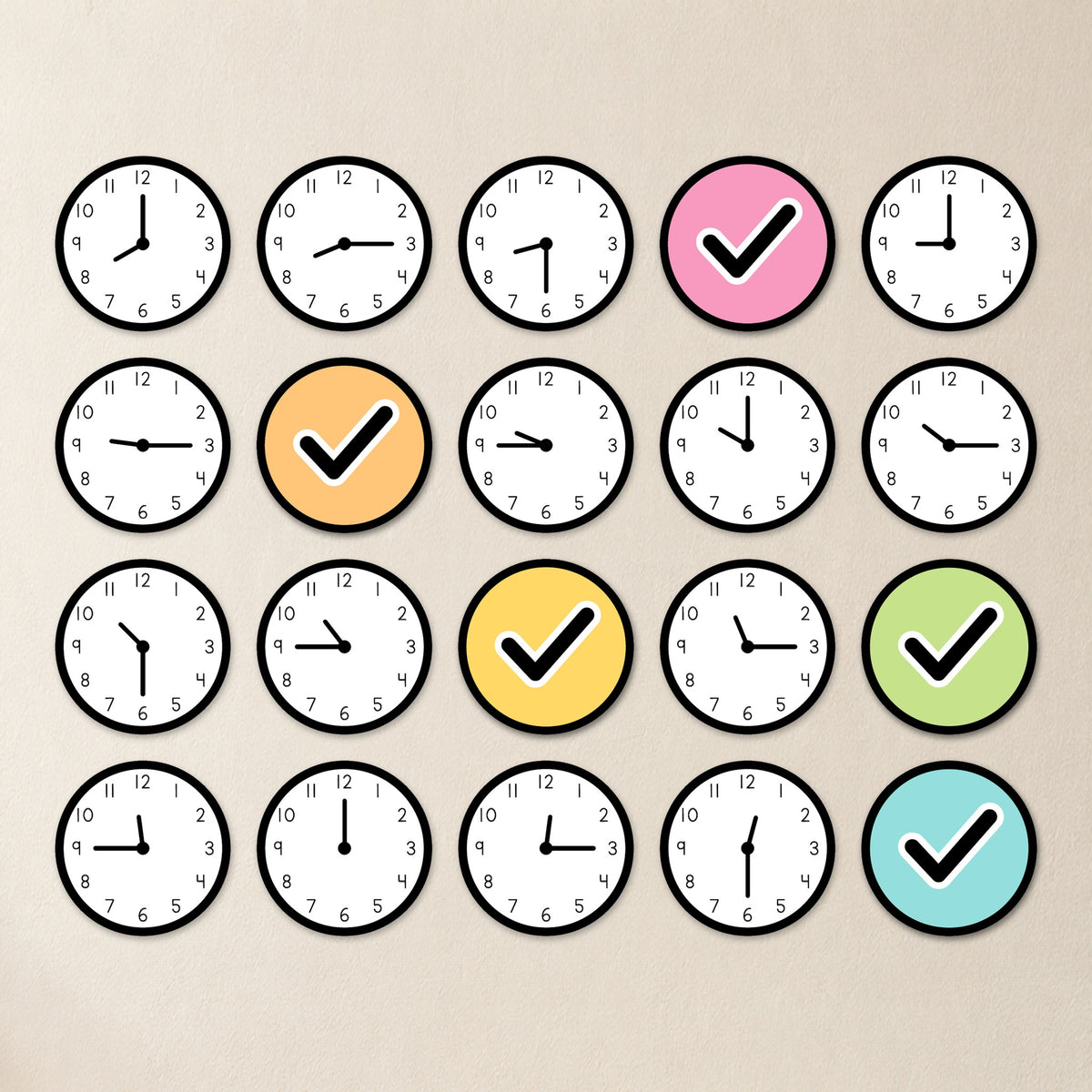 Visual schedule clock clips and done tokens, Bright colours
