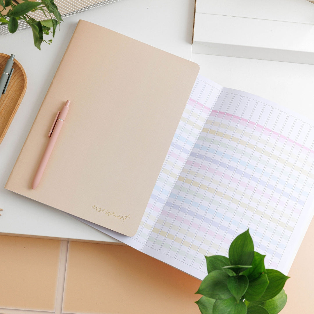 Styled photo of the tan assessment journal, with one closed on top of an open bright spread. A beige pen placed on top. 