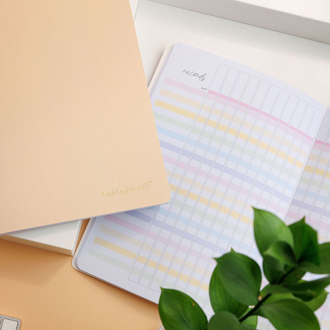 Styled photo of the tan assessment journal, with one closed on top of an open bright spread. 