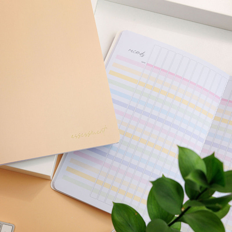 Styled photo of the tan assessment journal, with one closed on top of an open bright spread. 