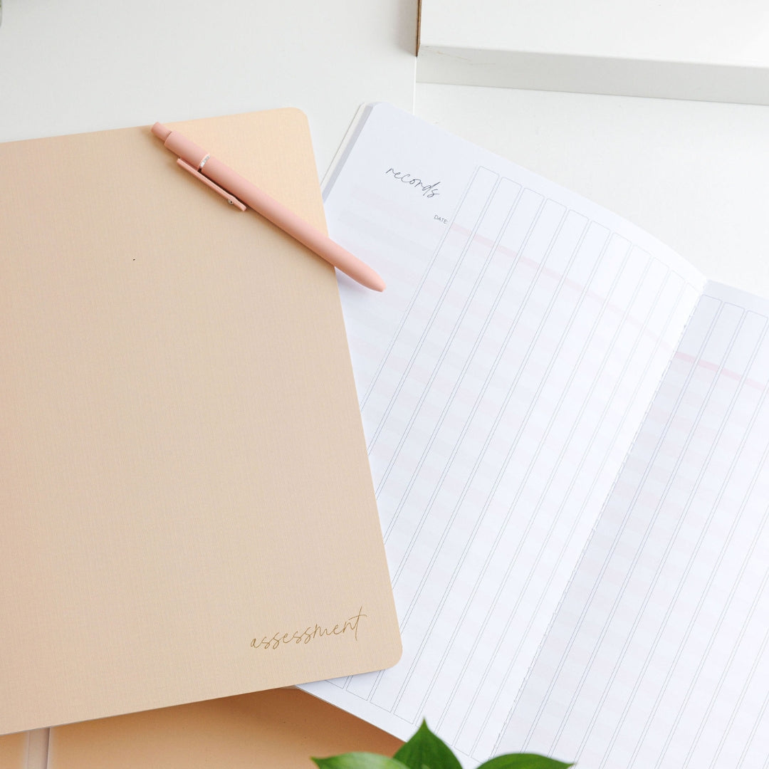 Styled photo of the tan assessment journal, with one closed on top of an open neutral spread. A pen is placed on top. 