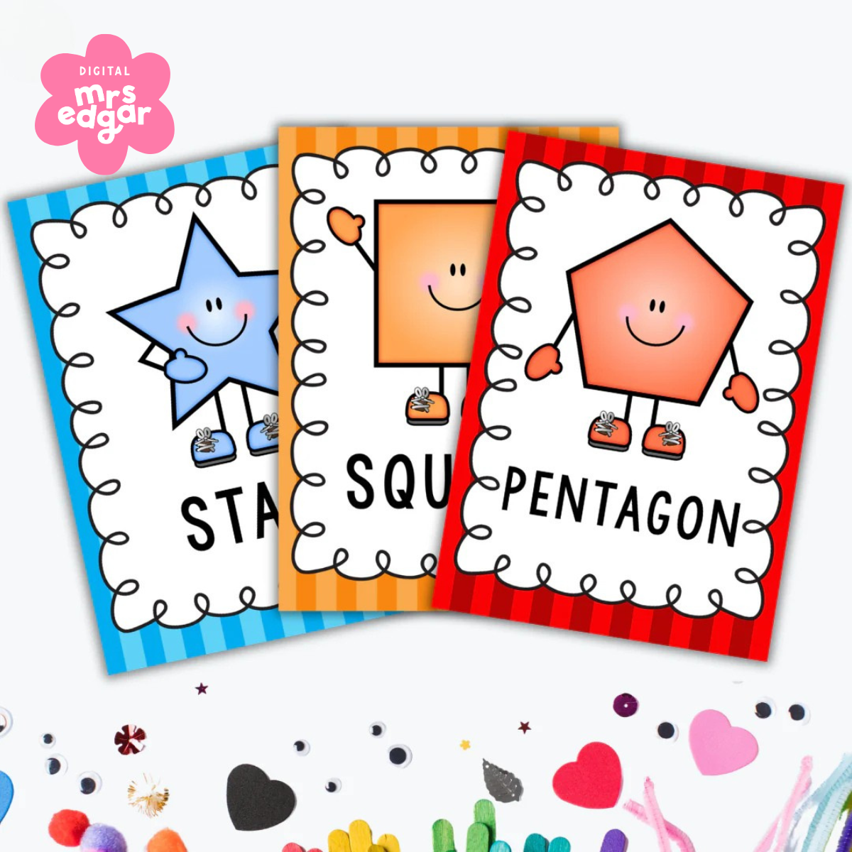 Three bright, cartoon-style shape posters featuring smiling shapes with arms and legs. Displayed on white background with other craft items.