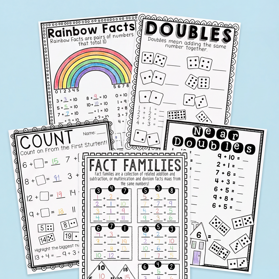 5 worksheets labeled 'rainbow facts' ,'doubles', 'count', 'fact families', 'near doubles'. Surrounded by decorative items. 