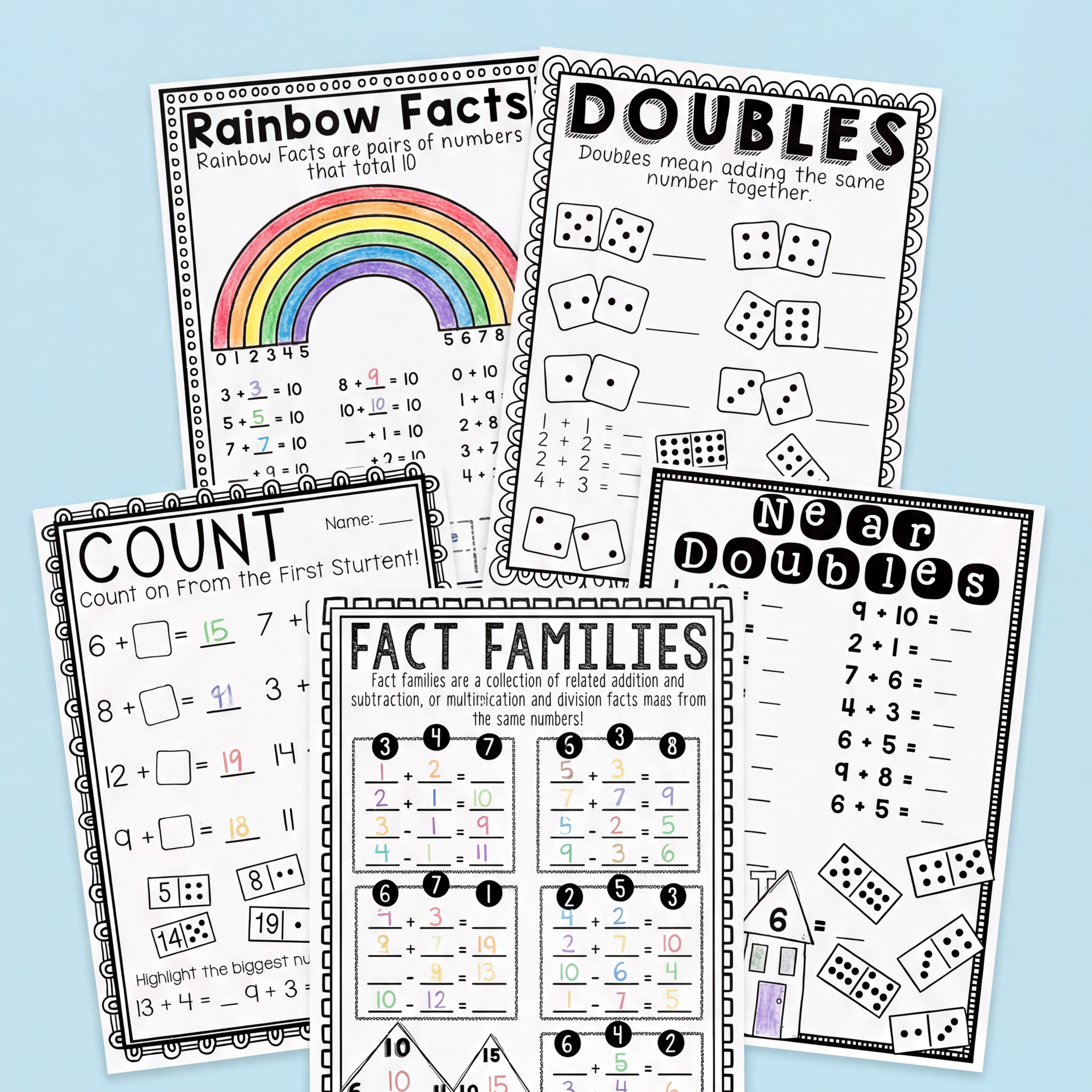 5 worksheets labeled 'rainbow facts' ,'doubles', 'count', 'fact families', 'near doubles'. Surrounded by decorative items. 