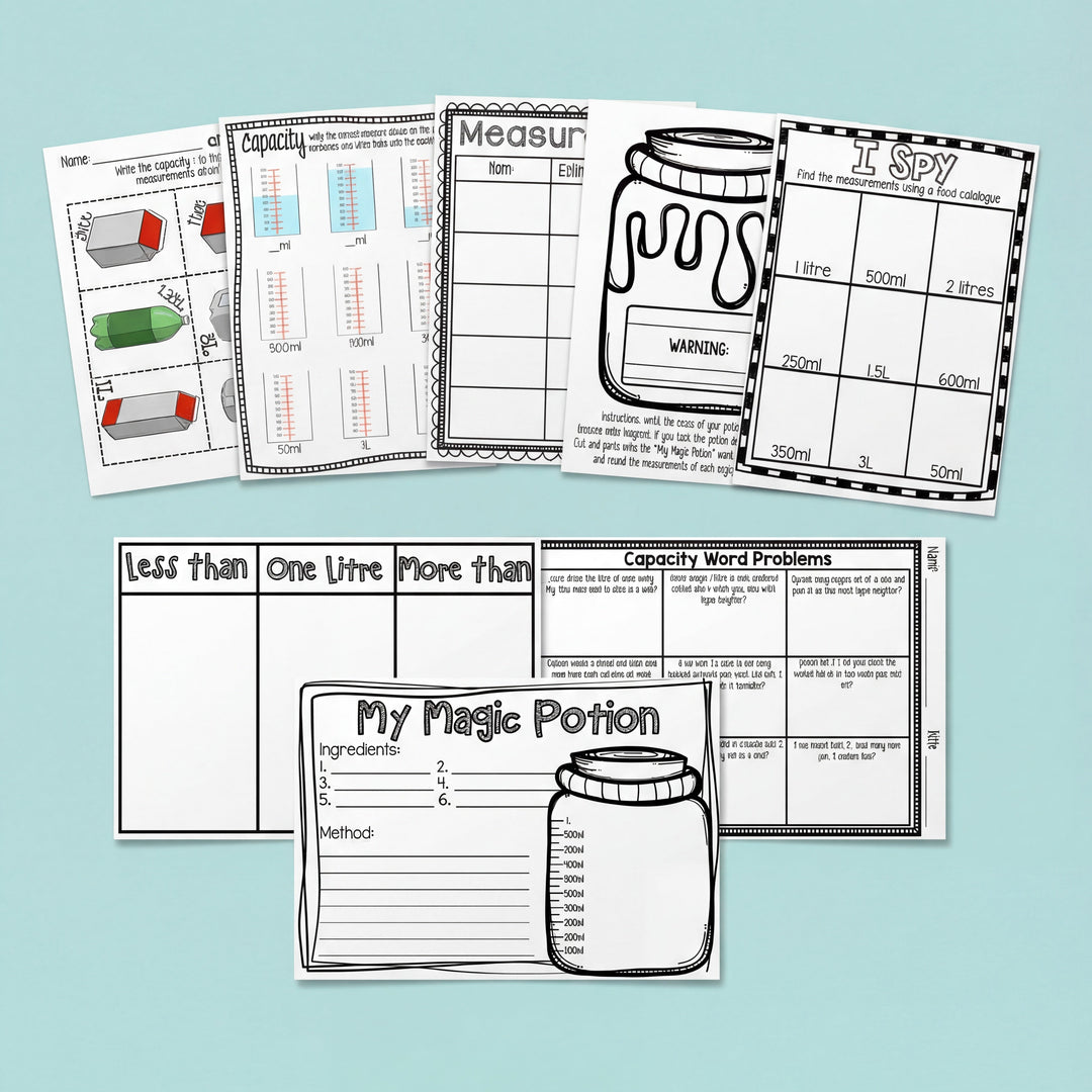 A black-and-white printable resource pack covering liquid measurement, including a capacity sorting chart, word problems, estimation charts, and a magic potion activity.