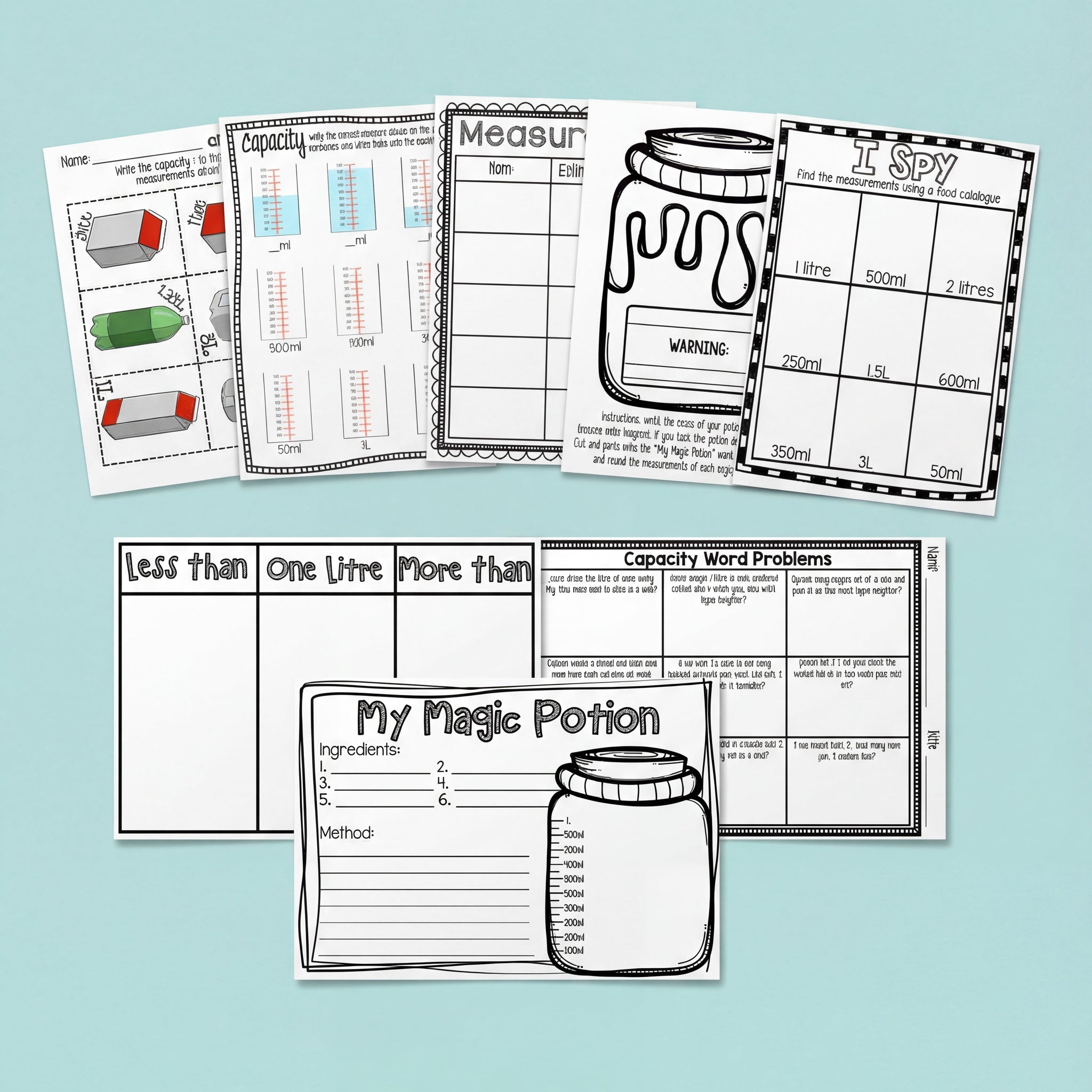 A black-and-white printable resource pack covering liquid measurement, including a capacity sorting chart, word problems, estimation charts, and a magic potion activity.